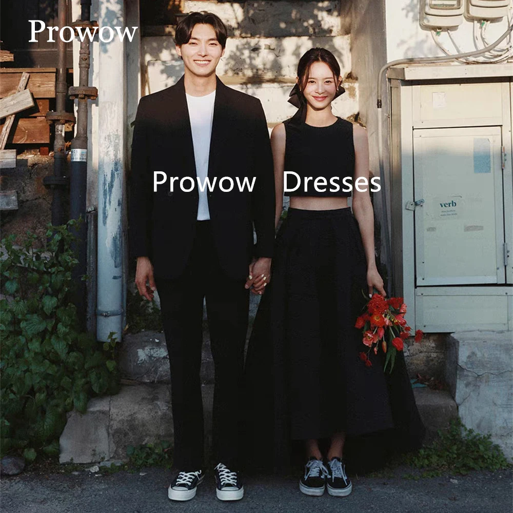 Prowow Simple Black Korea Evening Dresses Wedding Photoshoot High and Low Length Prom Party Dresses Customized Formal Gowns