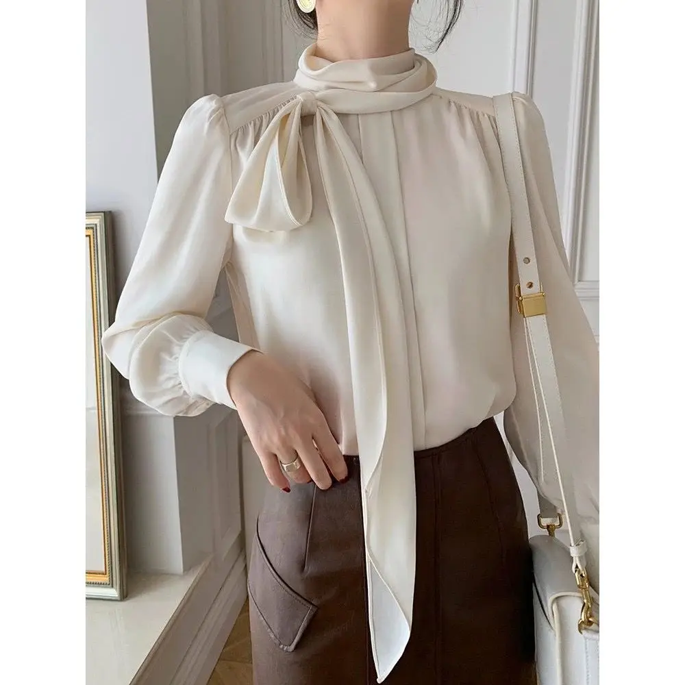 Ladies Fashion Lacing Solid Color Turtleneck Long Sleeve Blouse Autumn 2024 New Simplicity Temperament Pleated Bow Women Shirts