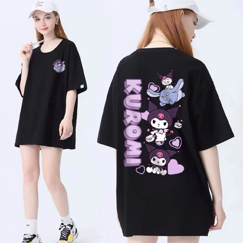 Sanrio Kuromi Short Sleeves Kawaii Cartoon Girls T-Shirt Y2k Summer Loose Hip-hop Print Breathable Girl Street Casual Top Gifts