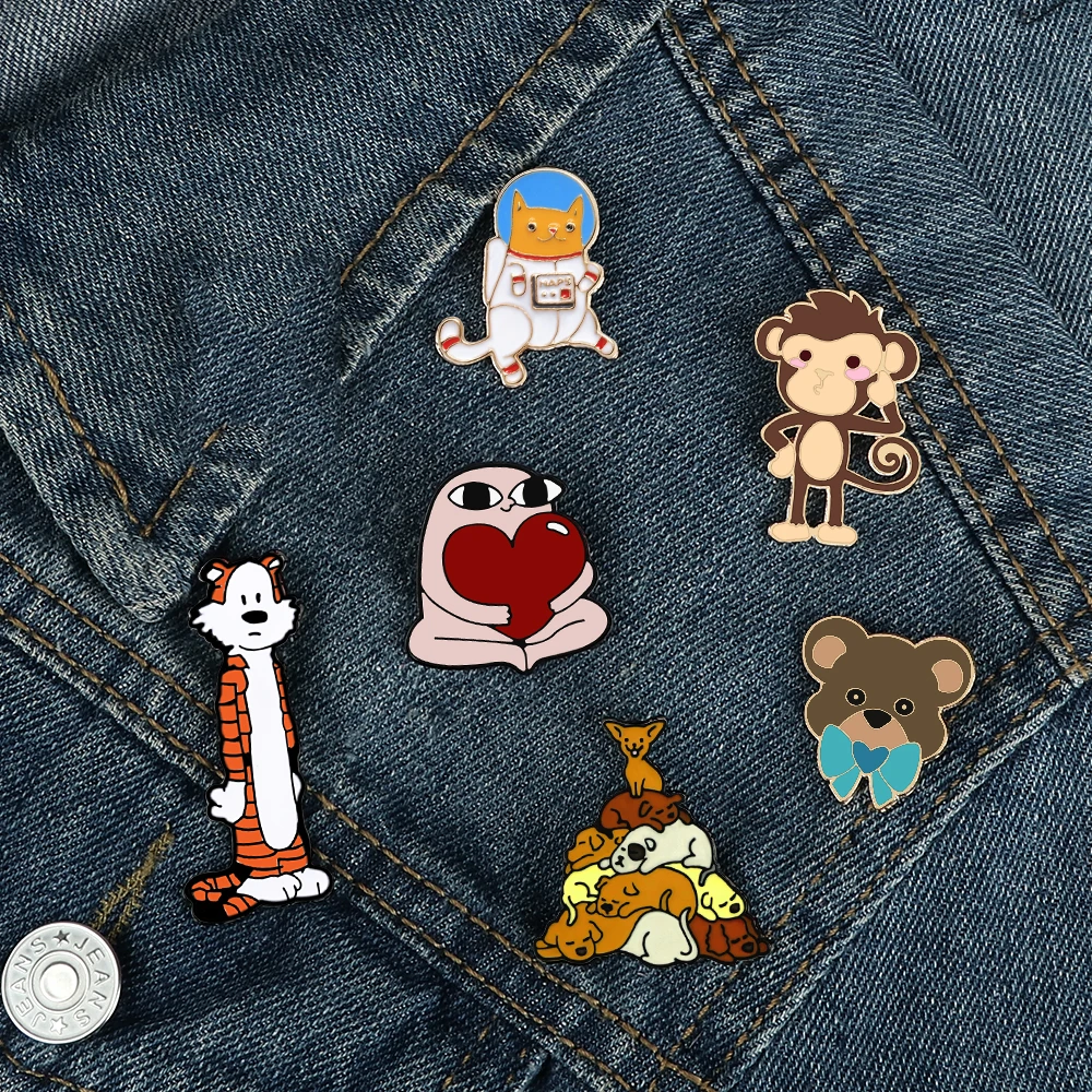 Cartoon Funny Animals Enamel Pins Cute Monkey Cat Bear Dog Tiger Zoo Brooches Badge for Kids Jewelry Denim Shirt Lapel Pin Gifts