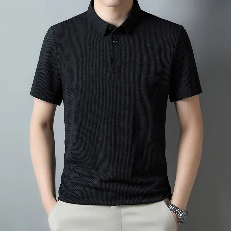 2024 Summer Thin Ice Silk Cool Men\'s Polo Shirt Solid Lapel Button Patchwork Smart Casual Elastic Breathable Short Sleeved Top