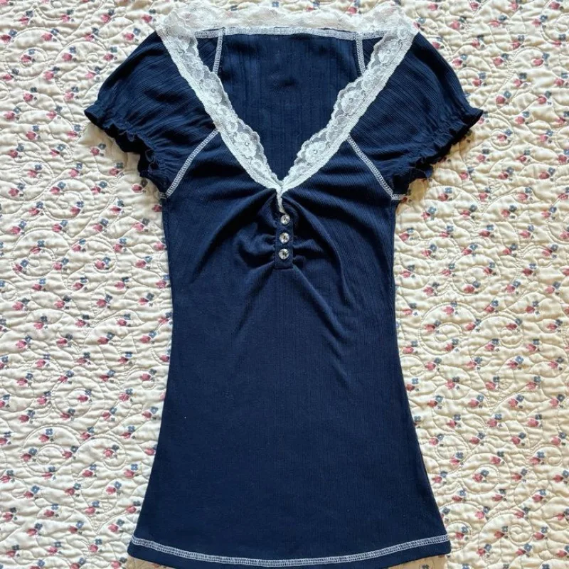 Summer Ladies Ribbed Knit Tee White Lace Trim V‑Neck Puff Short‑Sleeve Tops Ruched Front Button Decor Slim‑Fitted Coquette