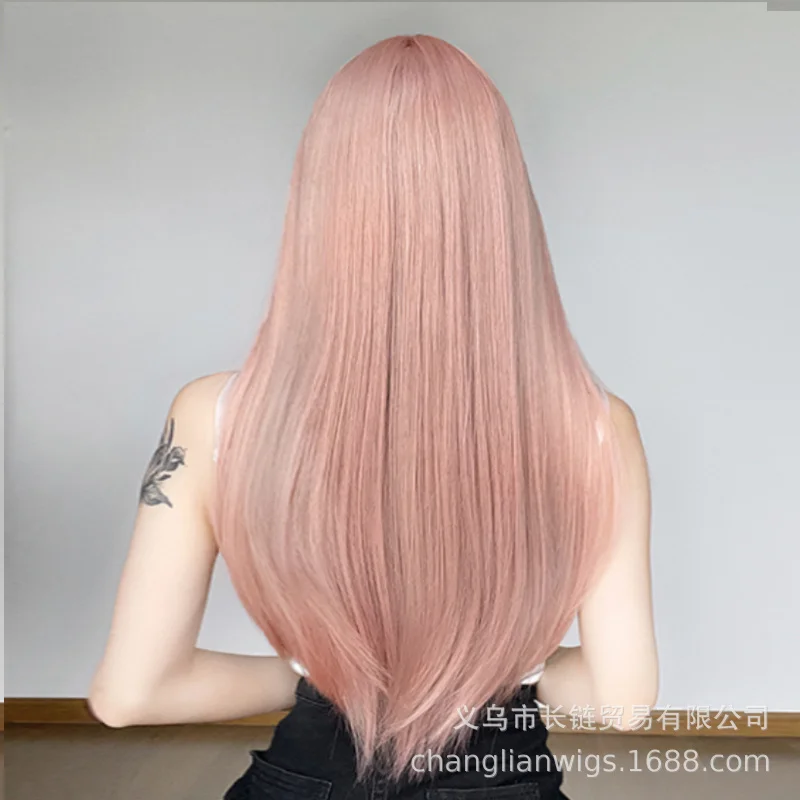 Women's long straight hair wig with air bangs, rose pink, fashionable full headpiece, wholesale cos