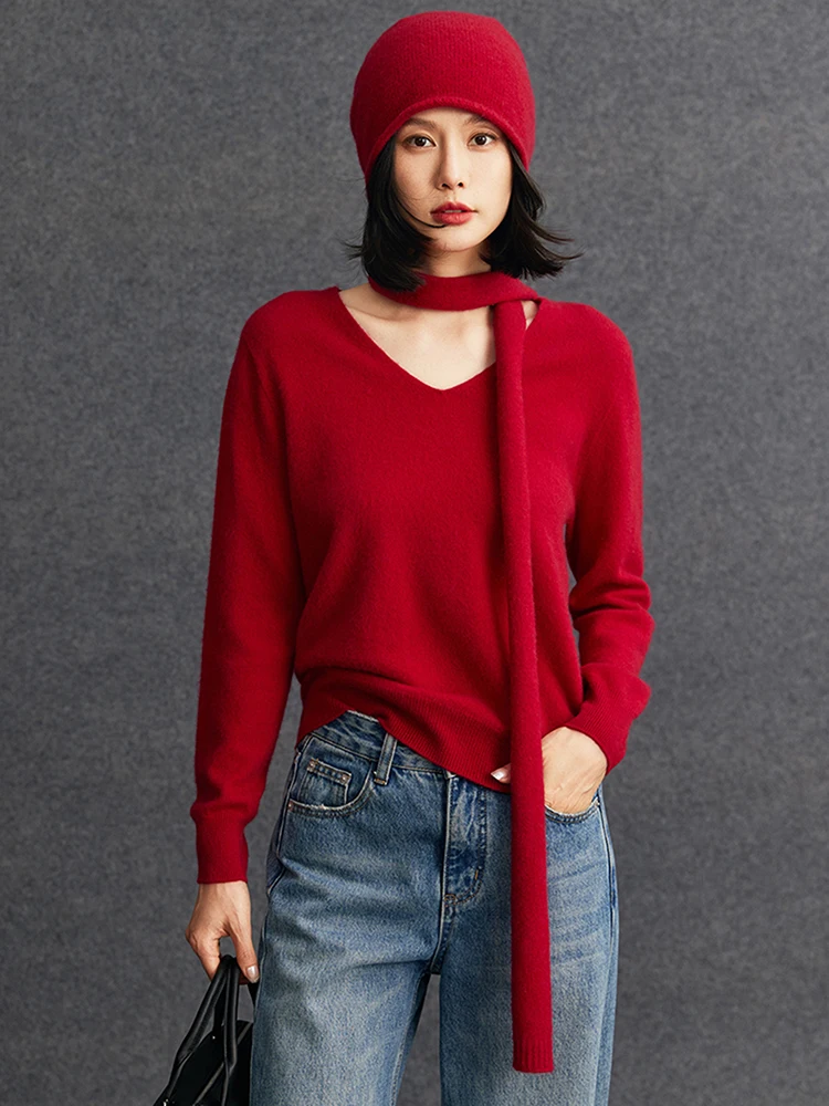 

Woman Clothes New Chic 100% Cashmere Sweater Autumn Winter Solid Color Pullover V-Neck Soft Warm Knitting Tops Luxury Business