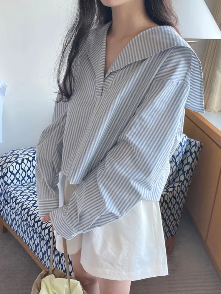 

Chic Vintage Navy Collar Striped Loose ort Sve Long irt for Women Commute Sle Casual Wear Autumn Collection