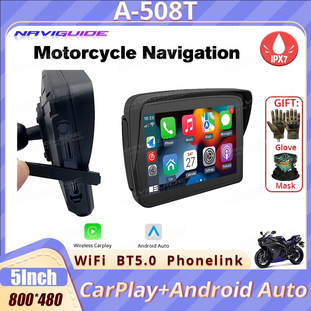 

NAVIGUIDE 508T 5" carplay motorcycle IPX7 waterproof display portable motorcycle wireless android autopilot screen WiFi dual BT