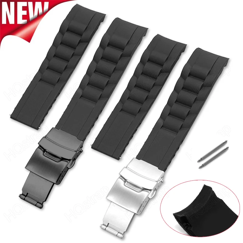 Curved End Silicone Watch Band 20mm 22mm 24mm 26mm 16mm 18mm Sport Strap Wrist for Men Women Waterproof Bracelet Folding Buckle