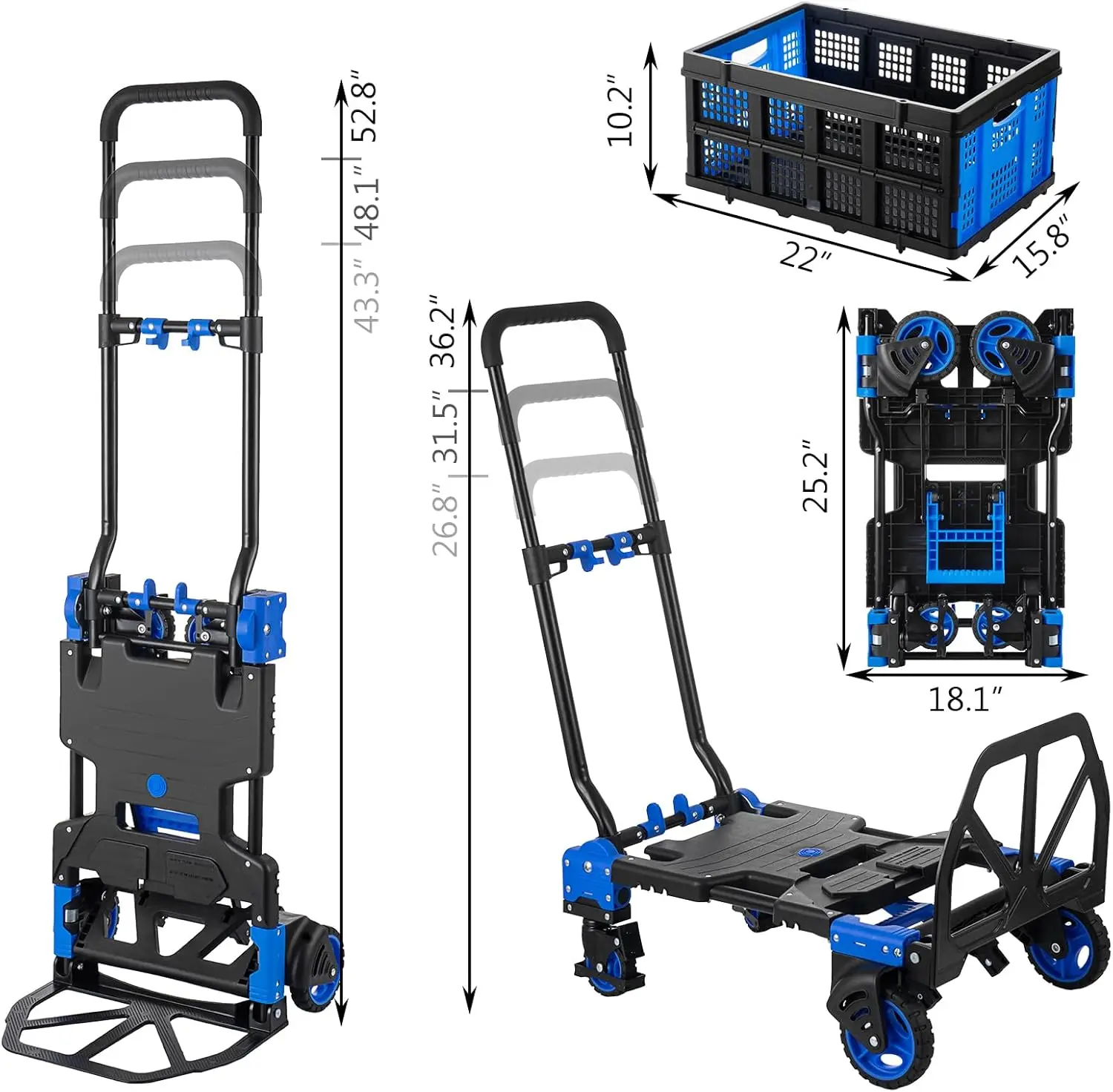 Truck, Heavy Duty Hand Truck Dolly Cart, Convertible Dolly Cart 330lbs Capacity W/Foldable Basket, 2 in 1 Luggage Trolley Cart f