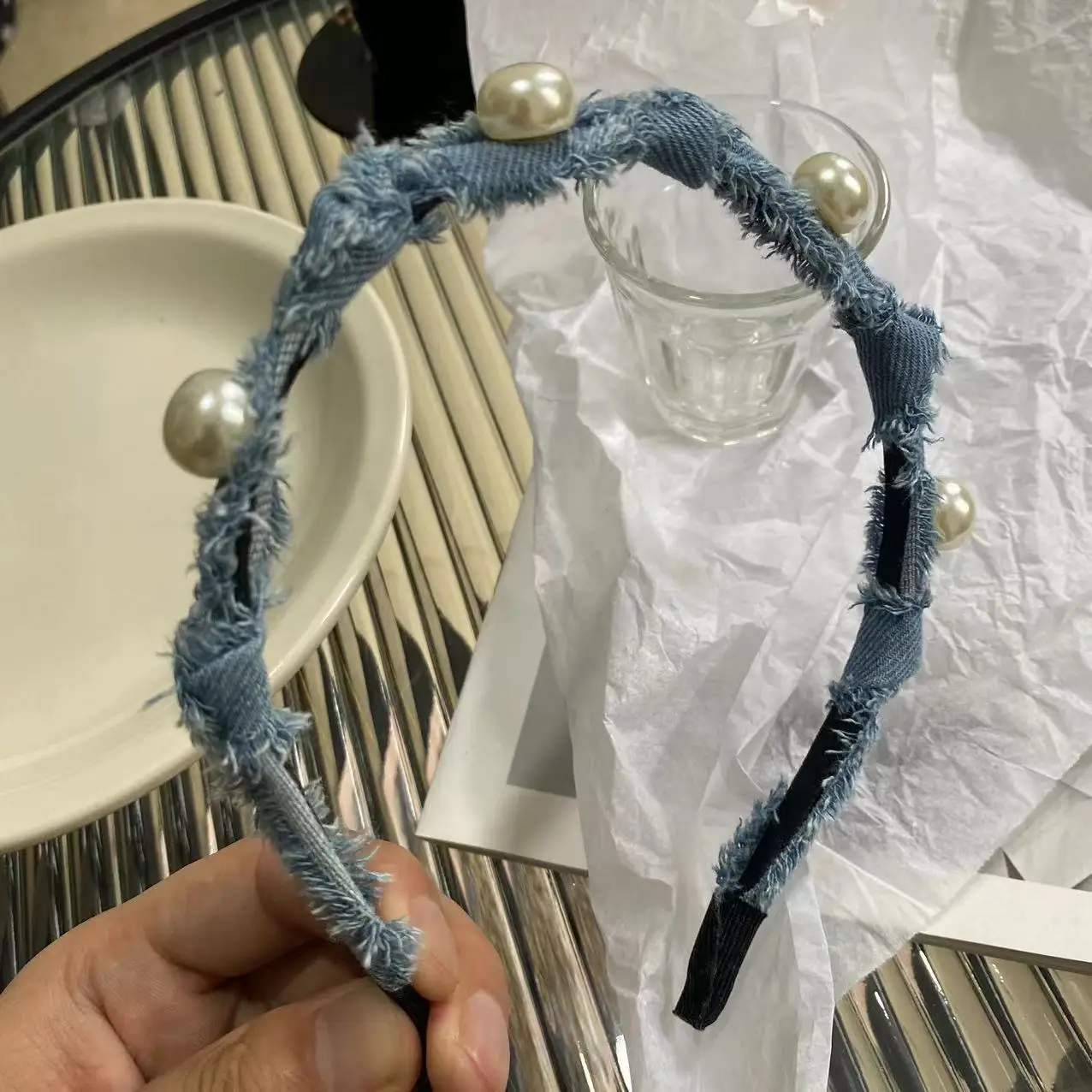 Denim Imitation Pearl Headband Retro Elastic Girls Hair Hoop Bands Trendy Knotted Hairbands Cool Women Headdress