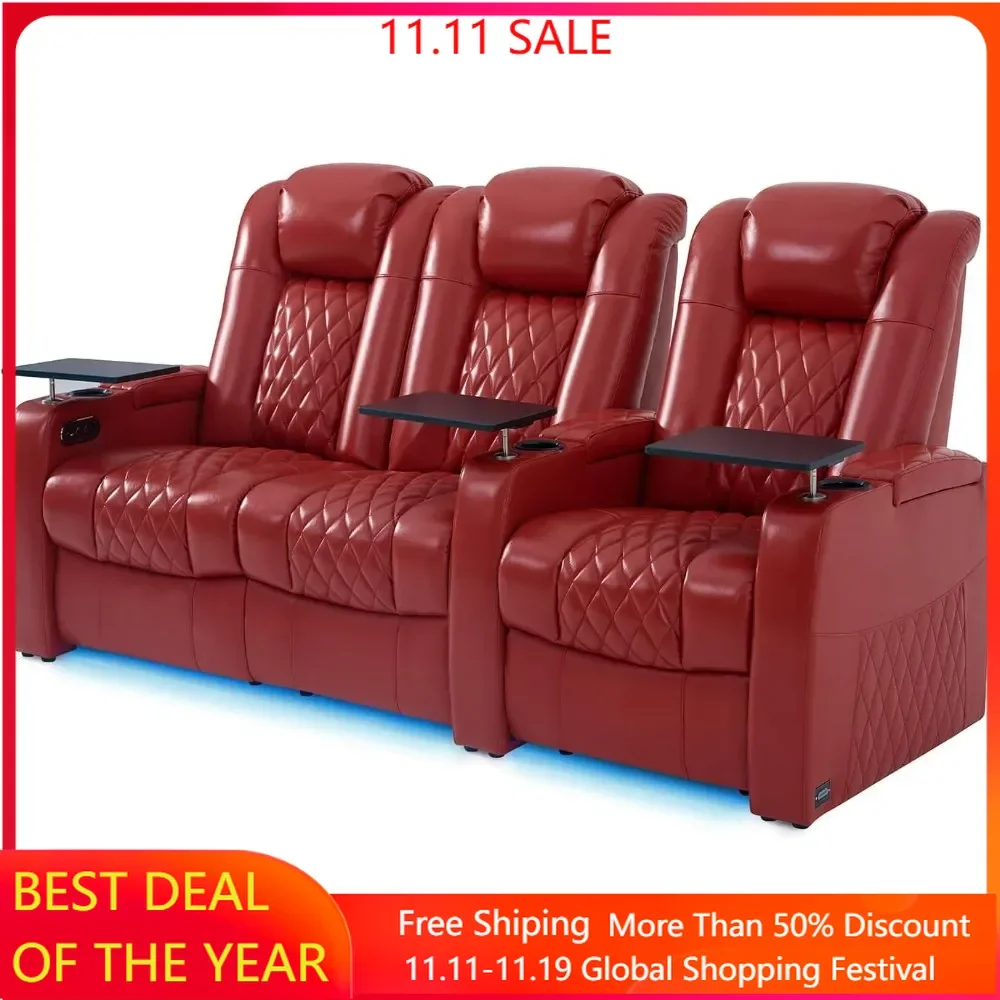 Leather Home Theater Seating Seats, Dual Power Electric Headrest Seats Movie Theater Chairs Top Leather Theater Recliner Sofas