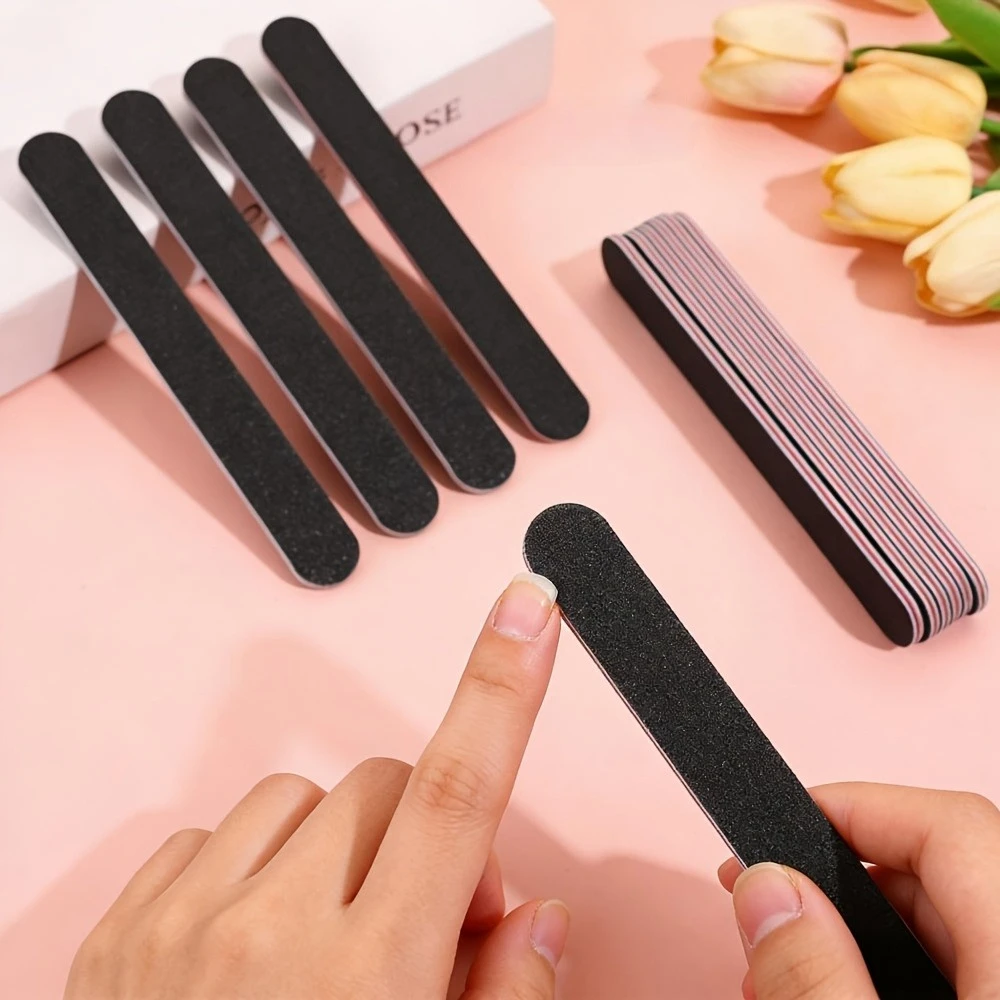 5/10pcs Double-Sided Grit Nail Files - Black Manicure Pedicure Tools with Red & White Stripes, Unscented Nail Buffing Tools