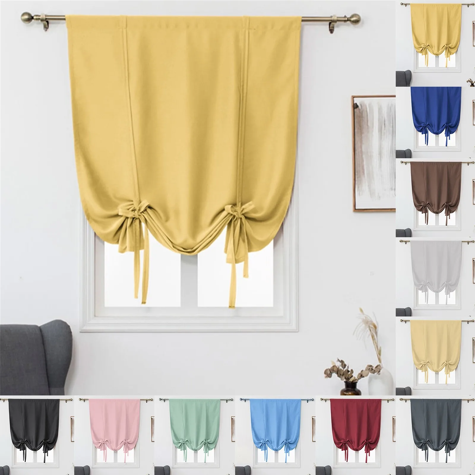 

1PC Roman Curtain Beige Tie Up Rod through Curtains Heat-insulating Blackout Curtains Bathroom Kitchen Small Rod Pocket