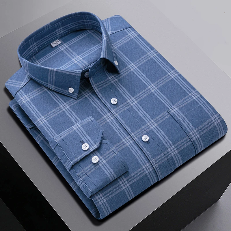 100%Pure Cotton Long-Sleeve Shirts for Men Shirt Slim Fit Casual Oxford Plain Shirt Soft Plaid Striped Designer Clothes S-6XL