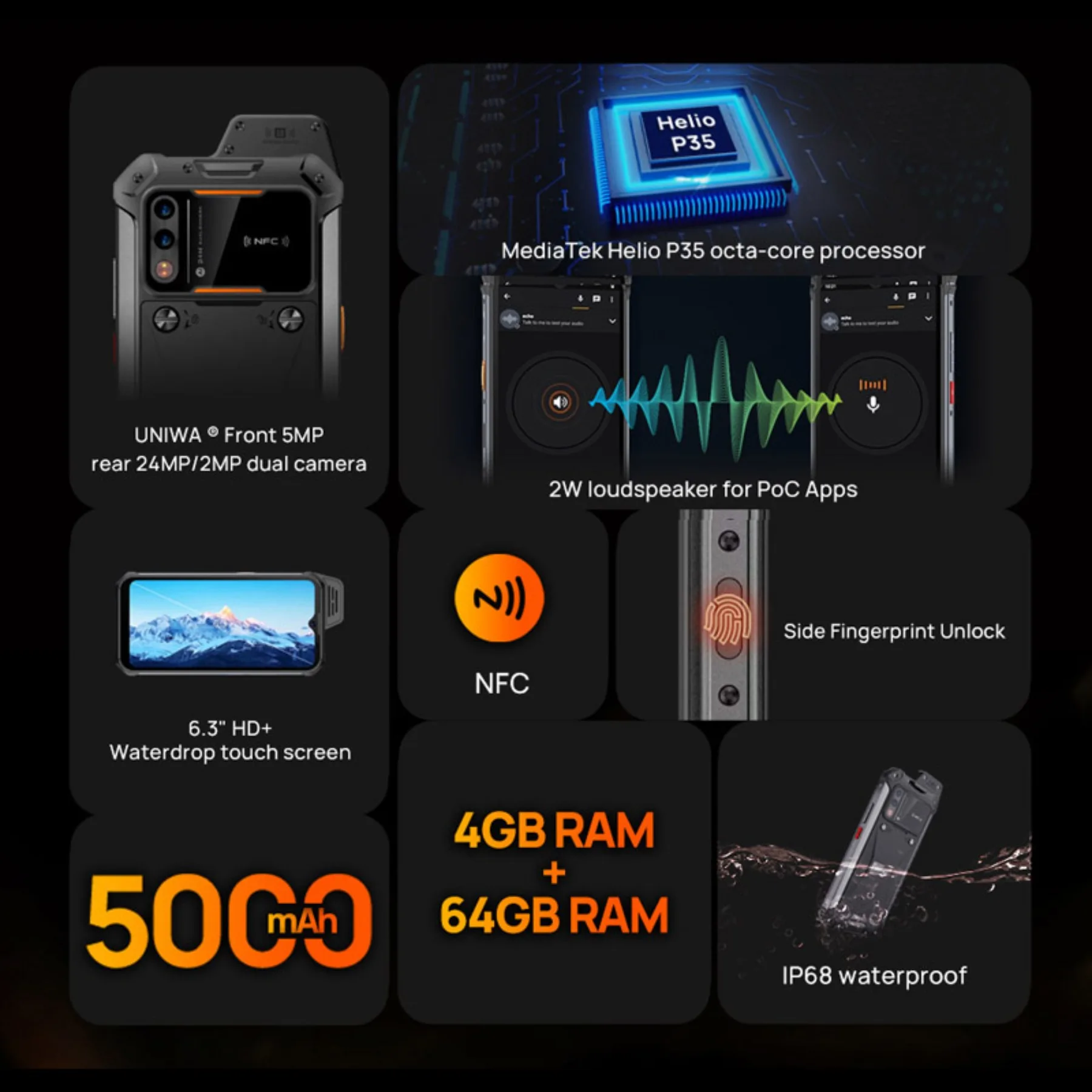 UNIWA W888 MT6765 Octa Core 4GB+64GB ATEX Explosion IP68 Smartphone Andriod11 6.3 “ HD 5000mAh NFC Mobile Phone Black Orange GPS