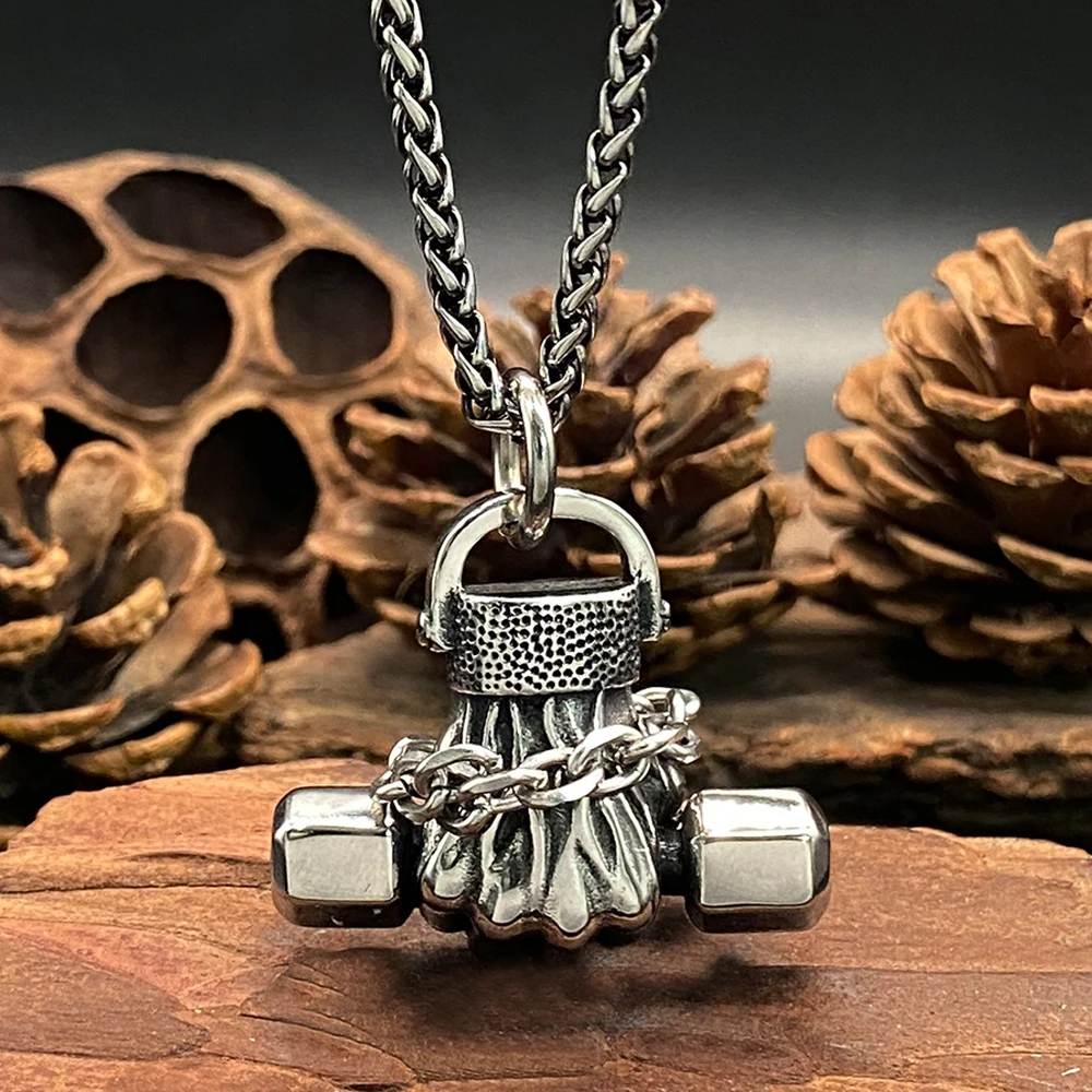 Stainless Steel Fist Dumbbell Pendant Necklace for Men Trendy Gym Fitness Bodybuilding Jewelry Sport Gift for Workout Lovers