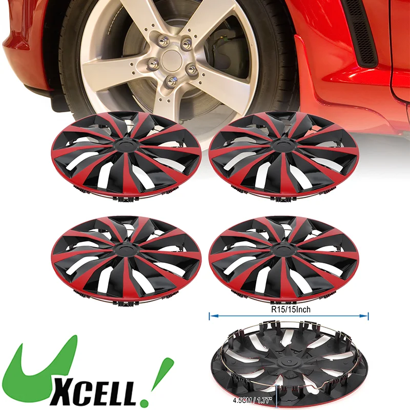 UXCELL 4 Pcs 15 Inch Universal Car Wheel Rim Hub Cover Vehicle Wheel Hub Caps Red Black Auto Wheels Replacement Parts 