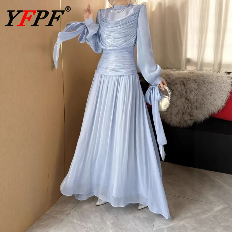 YFPF 우아한 단색 여성 드레스 주름 밴디지 스플라이스 소매 단색 이브닝 파티 롱 드레스 패션 2026 신상
