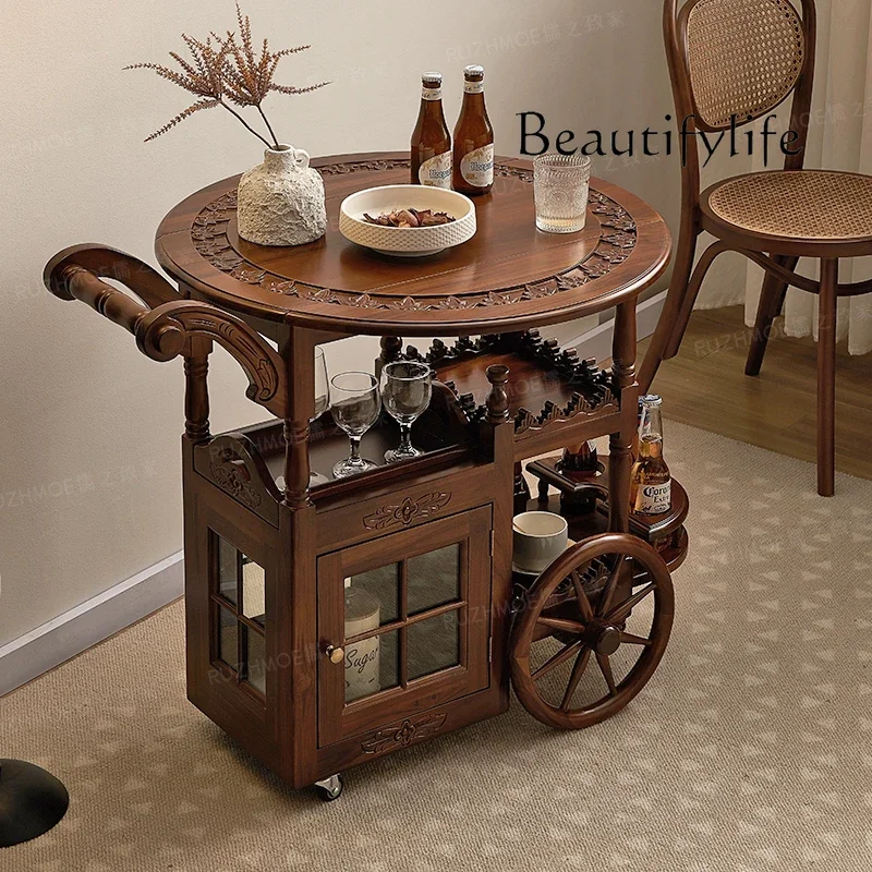 

Medieval dining car hand push all solid wood household double storage cart cabinet mobile American living room coffee table