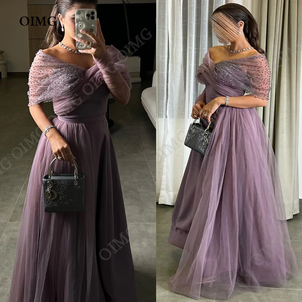 OIMG Dusty Purple Off The Shoulder Women Evening Party Dresses Shiny Floor Length A Line Arabic Female Prom Gown New 2023