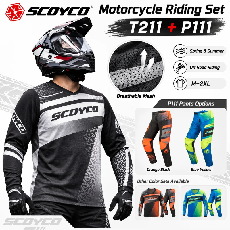 SCOYCO T211 P111 Motorcycle Riding Suit Breathable Motocross Jersey Pants Spring Summer Off Road Riding Gear