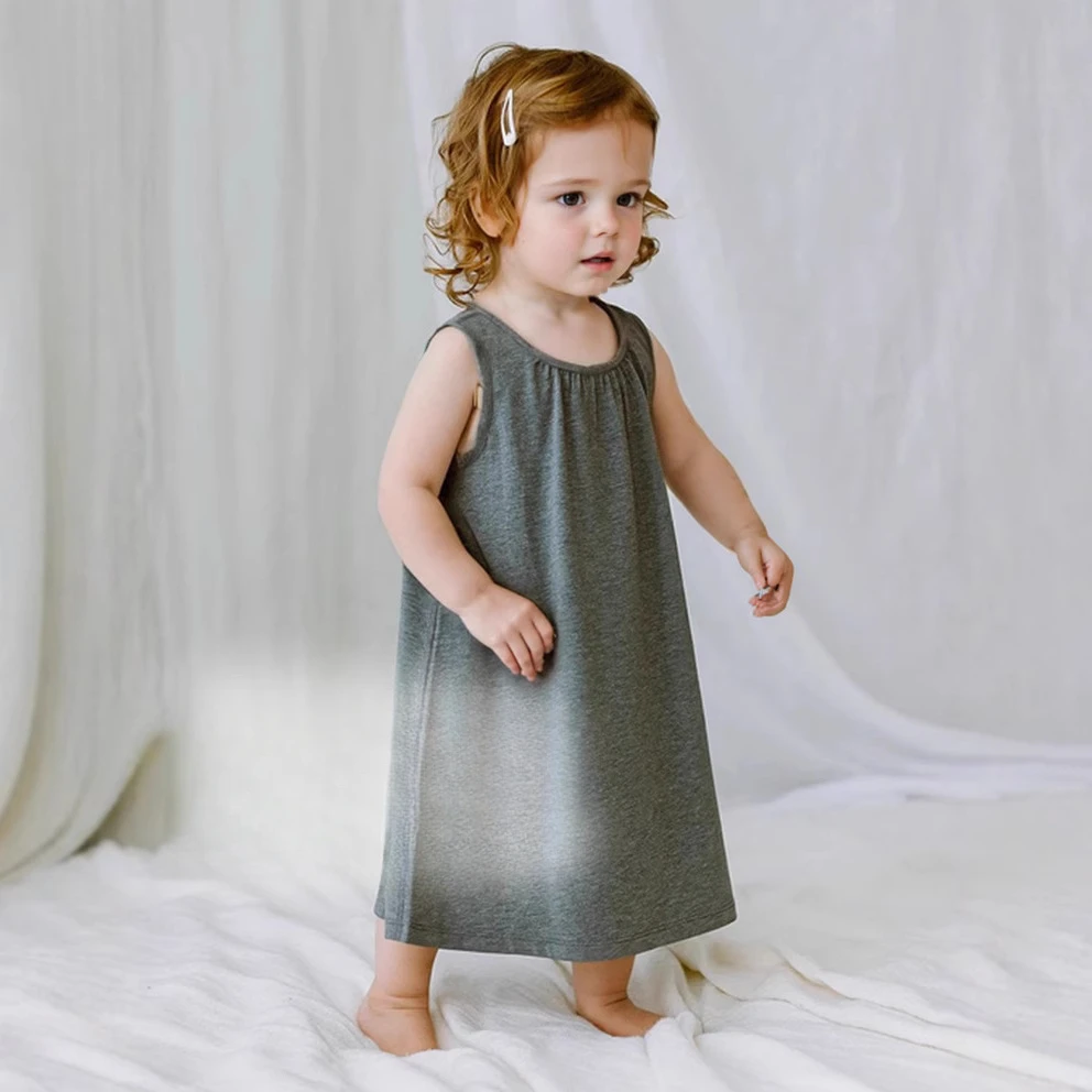 2025 Summer New Children's Bamboo Fiber Solid Color Dress Girls' Home Clothing Elastic A-line Skirt Sleeping
