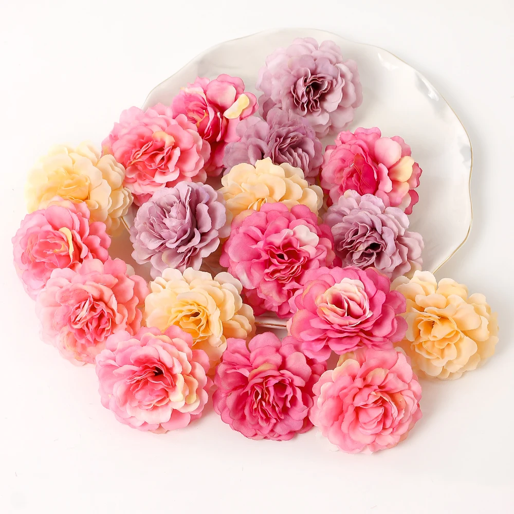 50 pz rosa fiori artificiali testa per la decorazione domestica festa di natale Bouquet da sposa decorazione accessori ghirlanda fai da te fiore finto