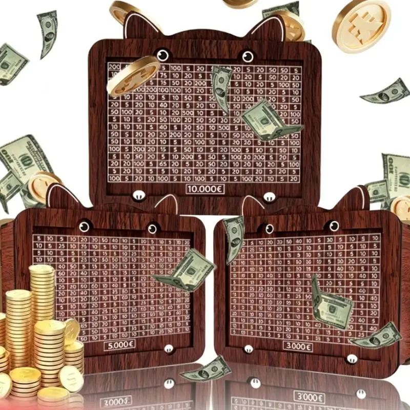 1000/5000/10000 Euro Cat Wooden Piggy Bank, Savings Challenge Money Box with Dry Erase Reusable Tracker for Home Desk Decor