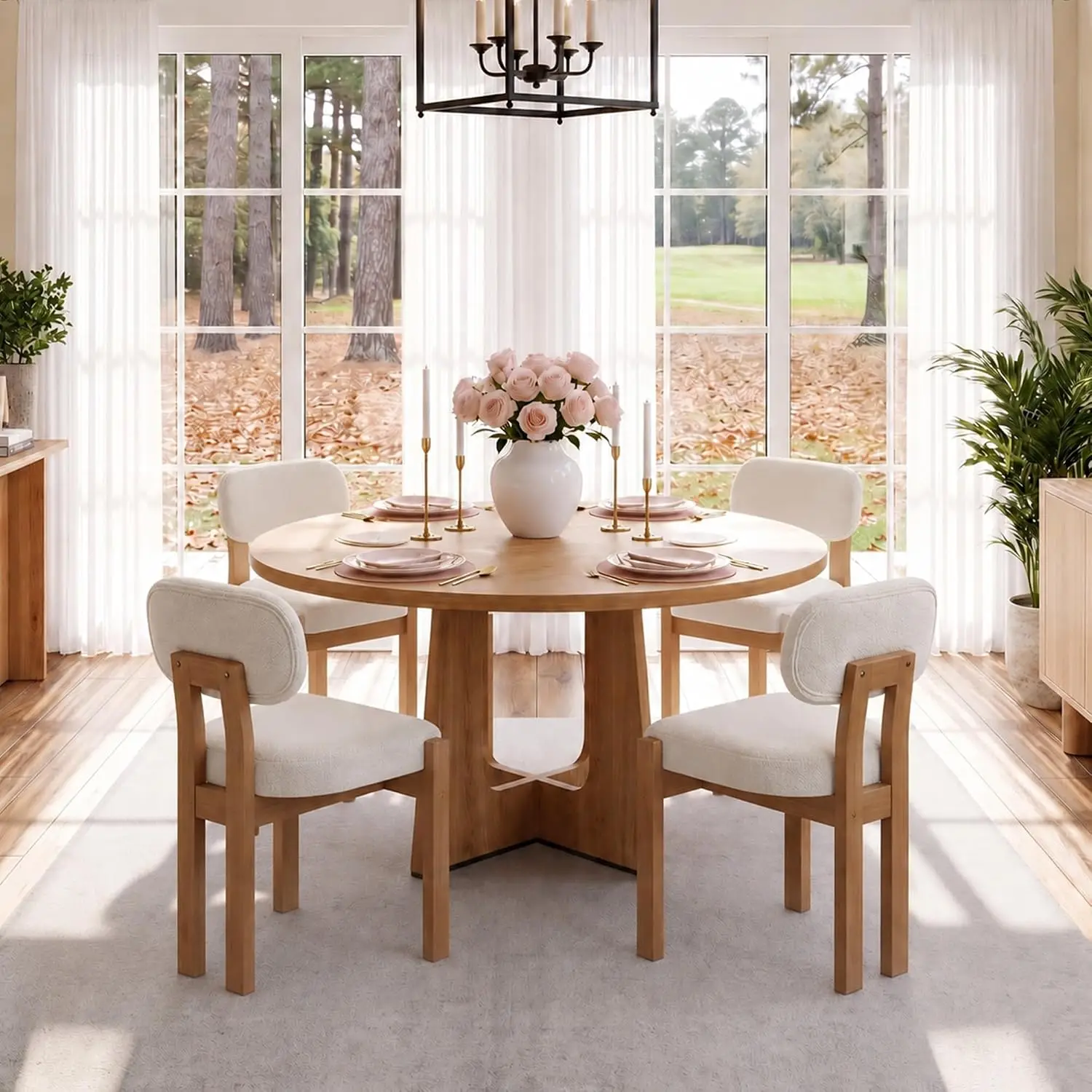 5-Piece Round Dining Table Set – 47-Inch Modern Kitchen Table with 4 Beige Upholstered Chairs 1