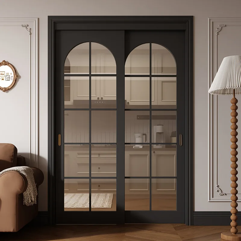 French retro solid wood composite paint kitchen study balcony indoor black sliding door hanging rail