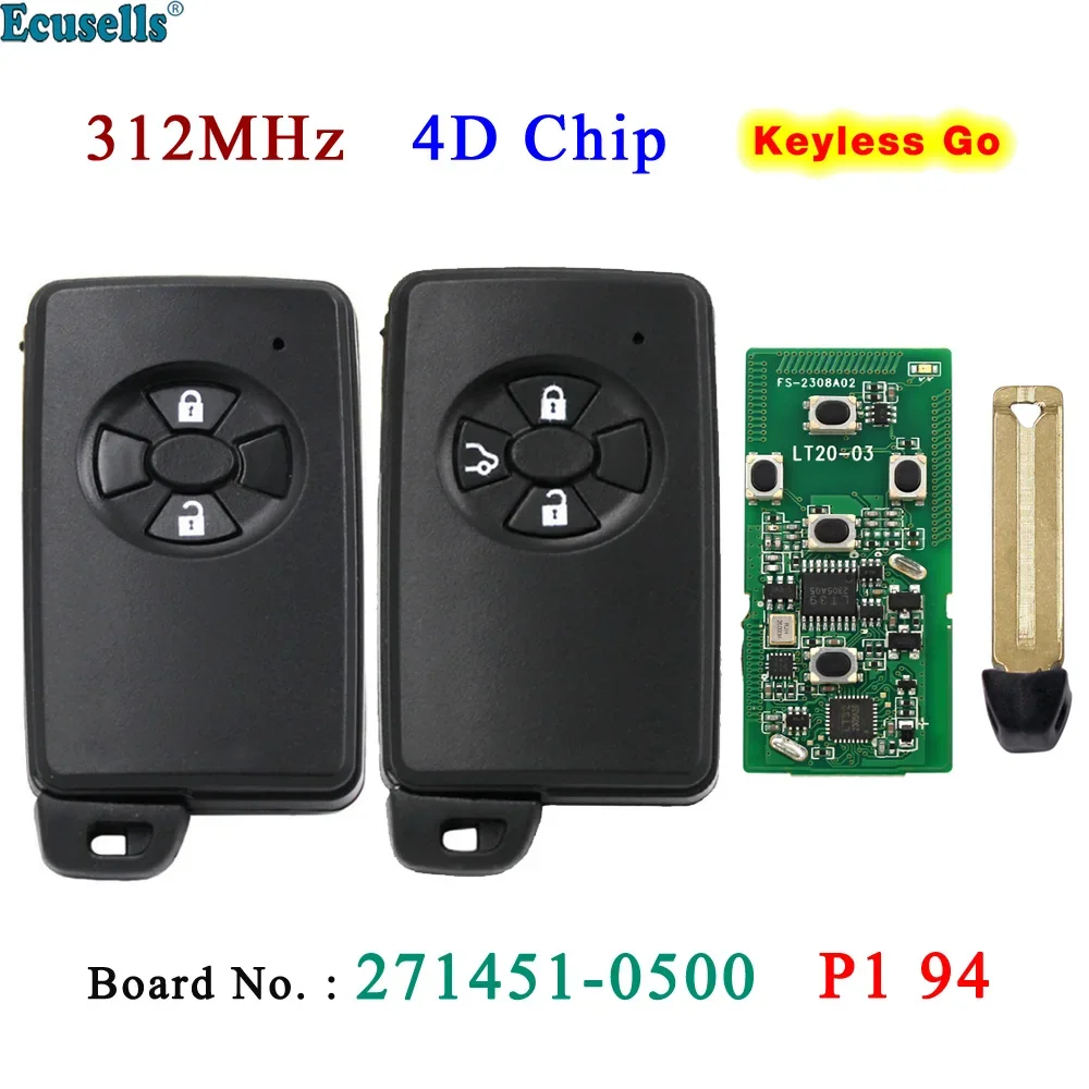 Ecusells 2/3 Buttons Smart Keyless Go Remote Key Fob FSK 312MHz ID71 Chip for Toyota 2007-2013 Board 271451-0500