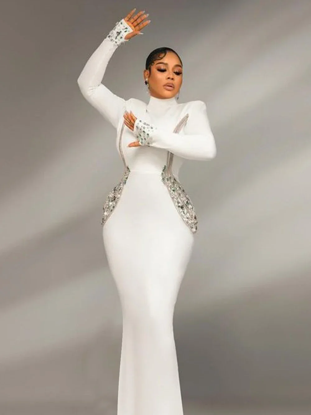 Modphy Elegant Women Diamond Celebrity Evening Bandage Maxi Dress White Long Sleeved Sexy Luxury Bodycon Cocktail Party Gown