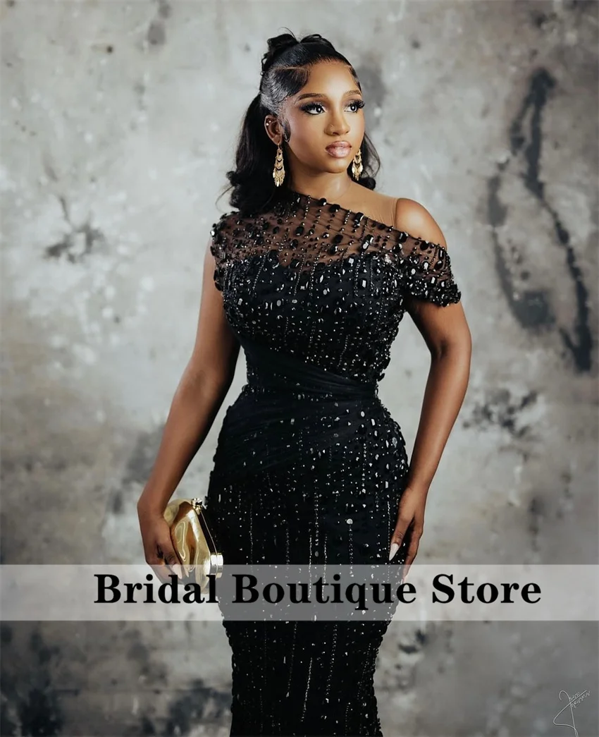 Glitter Black Mermaid Evening Dress 2025 Beading Crystal Tassels African Wedding Engagement Party Prom Gown Customized