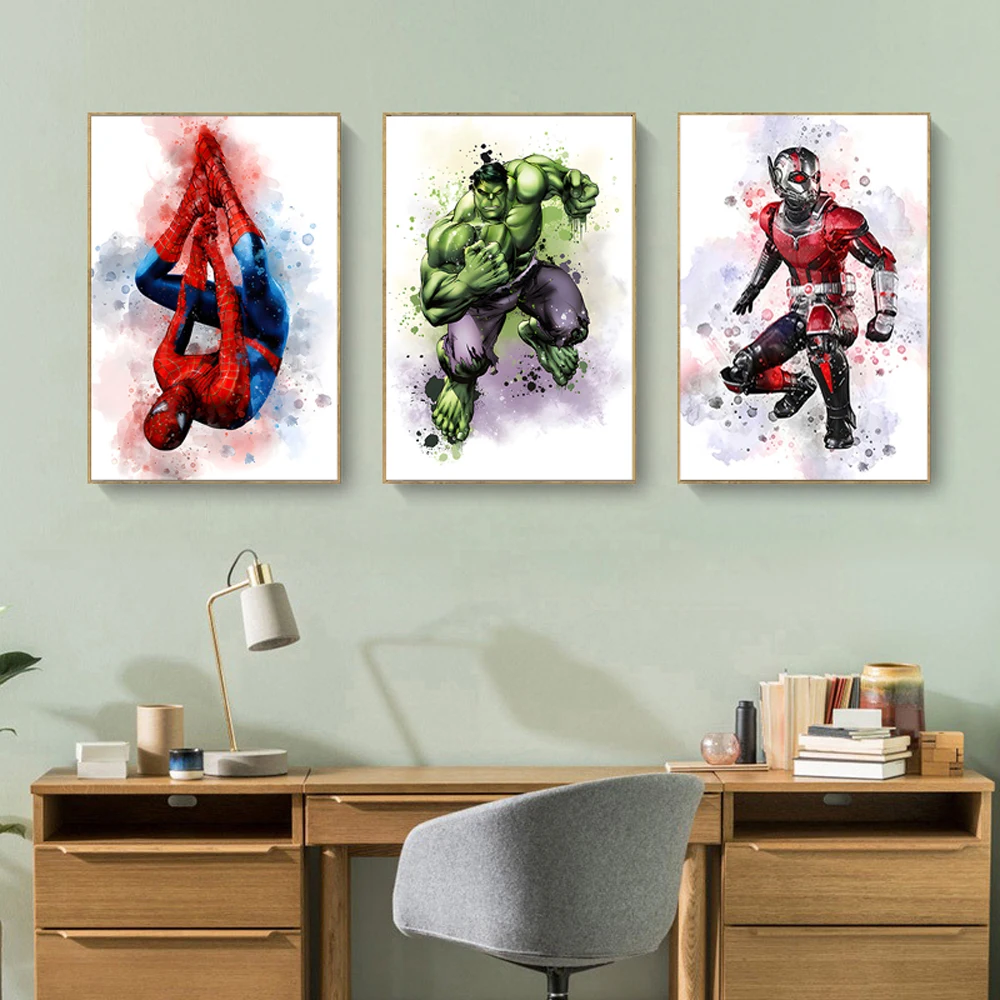 MINISO Marvel Movie SpiderMan Watercolor Wall Art Poster Lron Man Hulk Cartoon Canvas Painting Print For Kids Room Home Decor