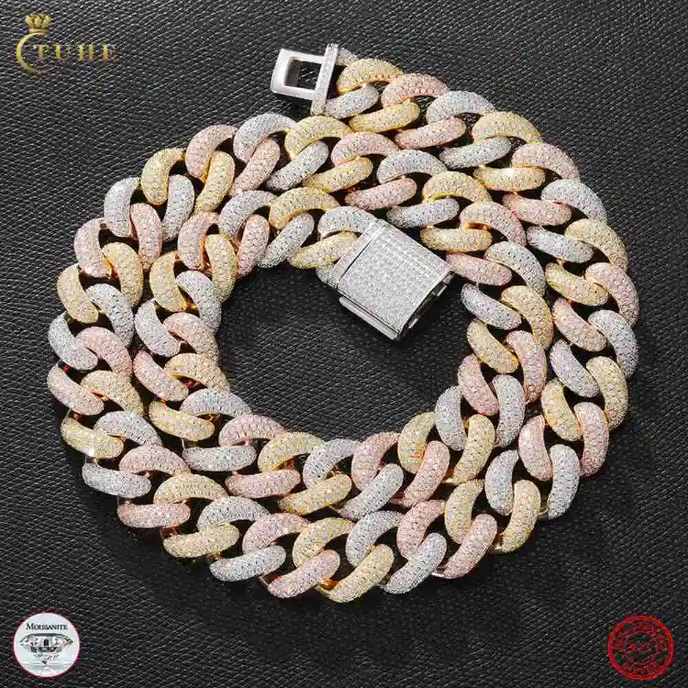 Oem Odm Service Fine Jewelry 3 Tones Custom 925 Sterling Silver Vvs Moissanite Iced Out Cuban Link Chain Necklace for Men