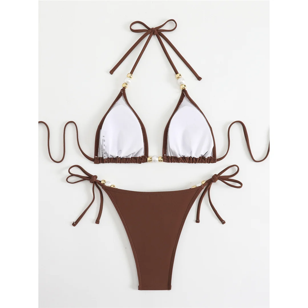 Neues zweiteiliges Bikini-Set mit Perlen und Neckholder, Damen-Bikini, Badeanzug, Badebekleidung für Damen, hoch geschnittene Beine, gepolsterter Badeanzug, Badebekleidung, V7194 – Detail 5