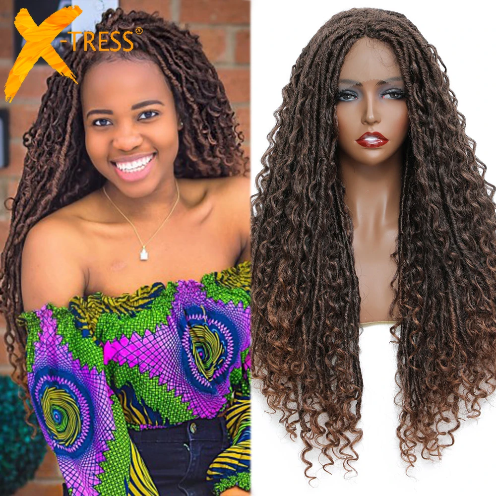 X-TRESS Faux Locs Synthetic Lace Front Braided Wig With Baby Hair 28inch Crochet Braids River Goddless Locs With Curly Hair Wig