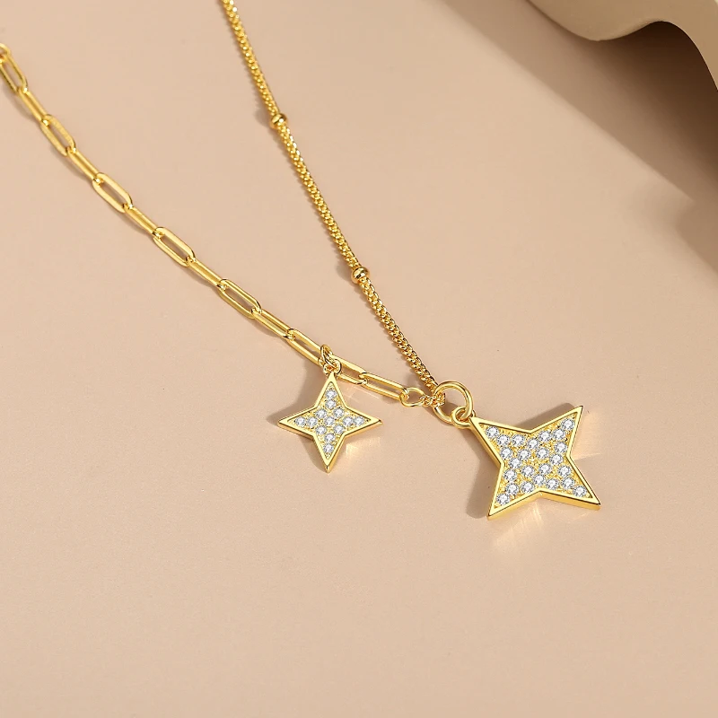 Summer NEW Shiny Star Clear Zircons Necklace For Women Two Diamond Stars Pendant Chain Set 925 Sterling Silver Fine Jewelry Gift