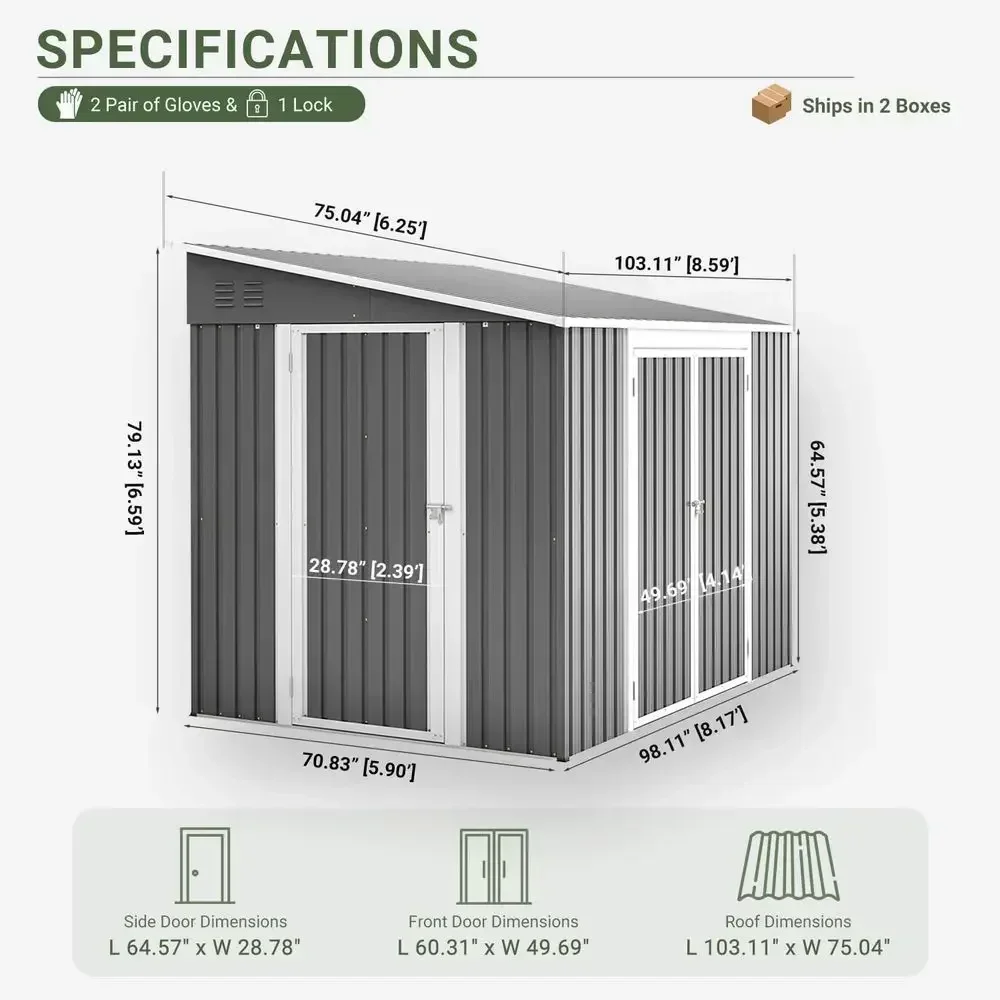 Durable 8x6 Outdoor Shed with Sloping Roof, Lockable Doors, Weatherproof, Floor Included