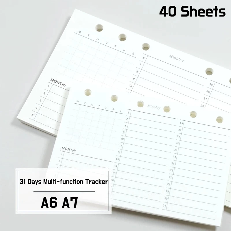 A6 A7 6 Holes 31 Days Multi-function Tracker Refill Monthly Daily Planner Insert Habit Expense Weight Tracker Loose Leaf Paper