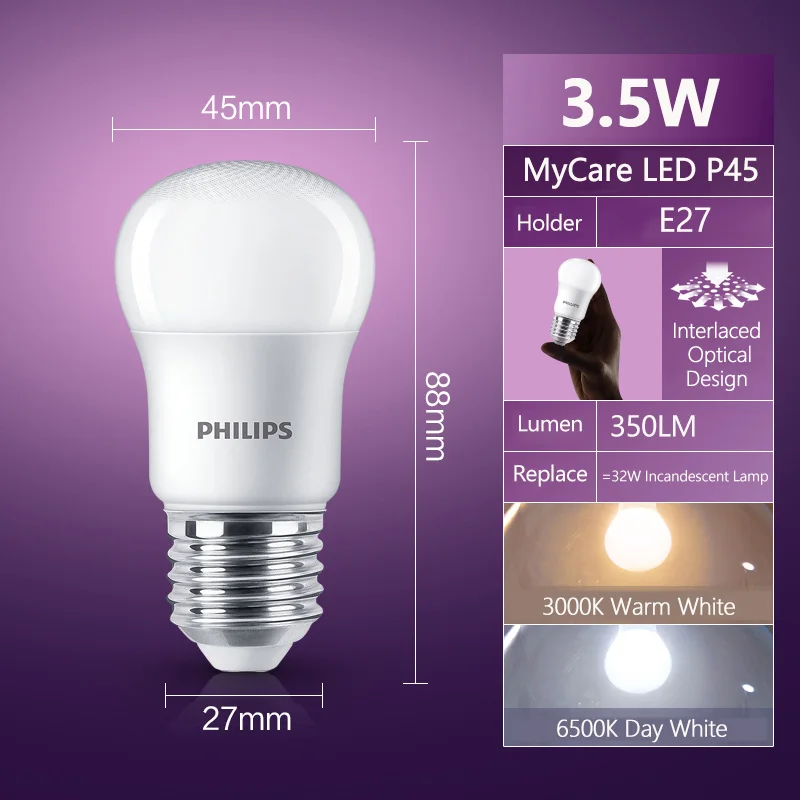 فيليبس LED P45 لمبة الغولف E27 اديسون المسمار 3.5 واط (= 32 واط المتوهجة) MyCare 3000K 6500 كيلو الأبيض الأصلي صغير الحجم LED مصباح المنزل #6