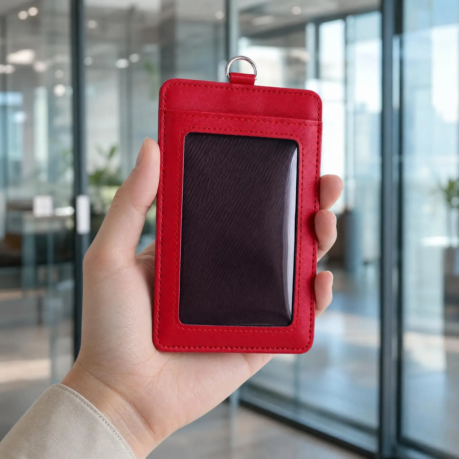 Slim ID Card Holder with Metal Loop Transparent Front Pocket for Employee Badge Event Pass Name Card