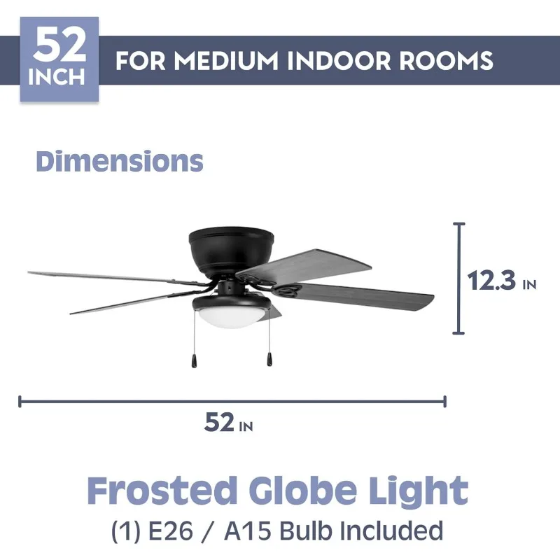 Indoor Flush Mount LED ventilador de teto com luz, acabamento duplo lâminas, motor reversível, preto fosco, 52 ", correntes de tração