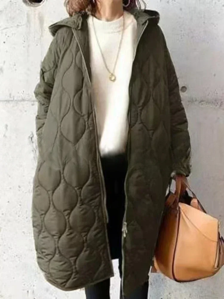 Winter Hooded Long Parkas Quilted Coats Loose Casual Zipper Long Sleeve Top Cotton Padded Jackets Women Clothing Female Outwear