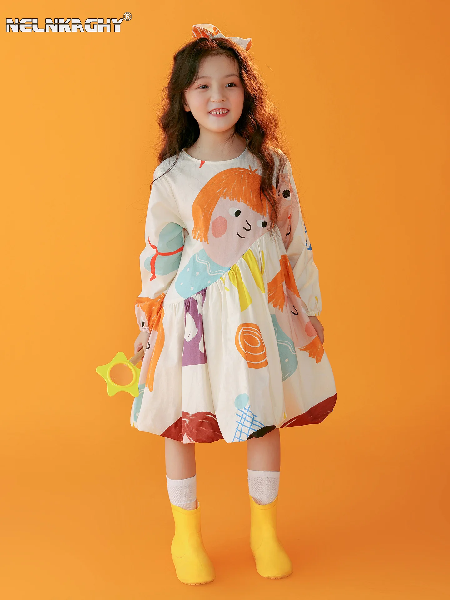 2024 Spring New in Kids Baby Girls Cute Clothes Children Full Sleeve Cartoon Graffiti Print Knee-length Dress Toddler 2-7Y