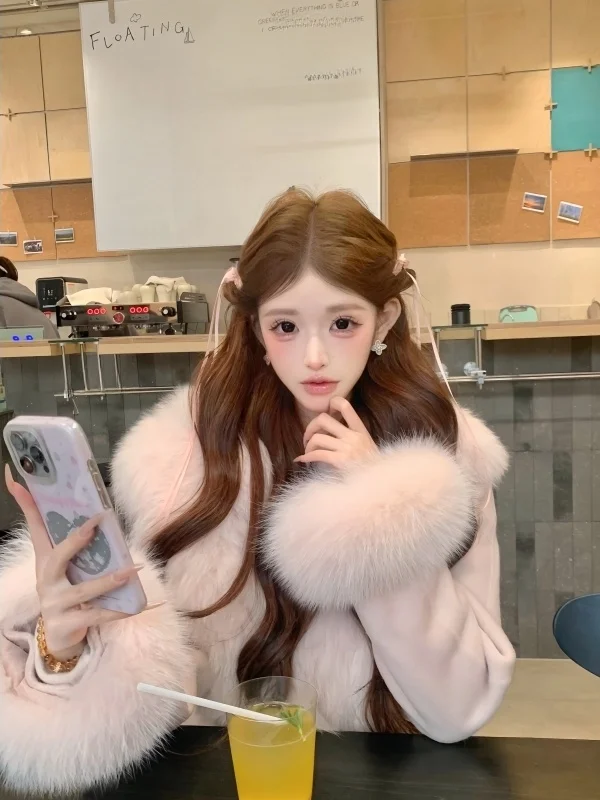 Warme wollen jas met roze bontkraag en rok met hoge taille, tweedelige set Zachte Sle Herfst Winter Faion voor dames