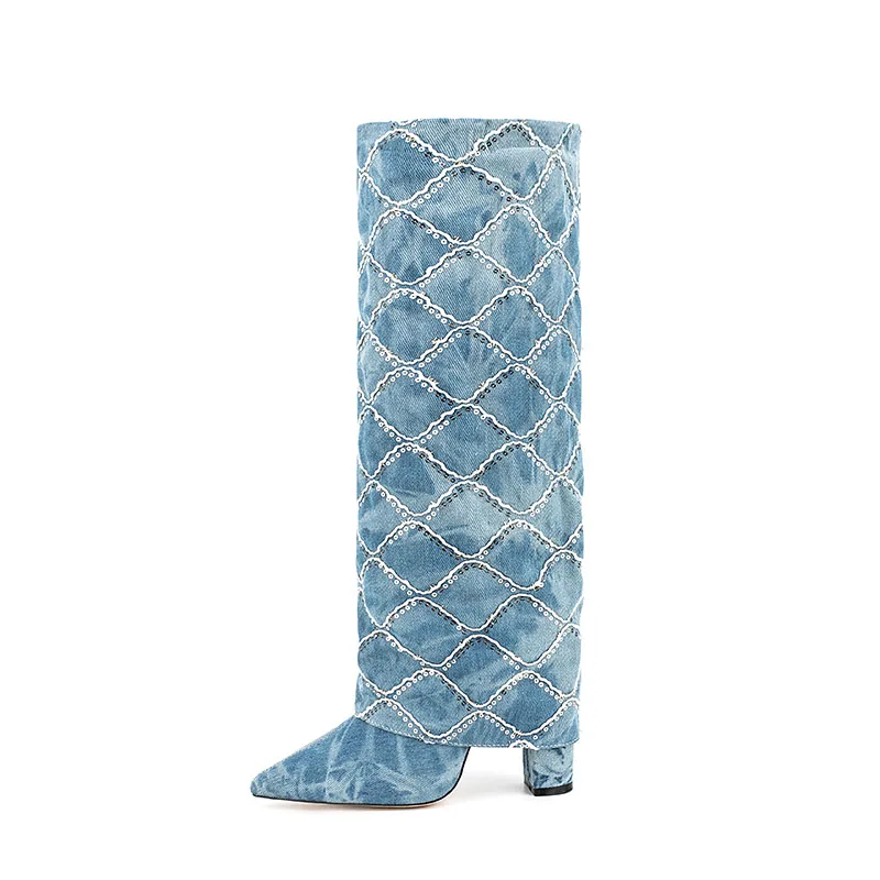 Arden Furtado 2024 Paillette chequer cowboy Knee high boots Pointed toe Super high heel Turned-over Edge Trouser legs boots