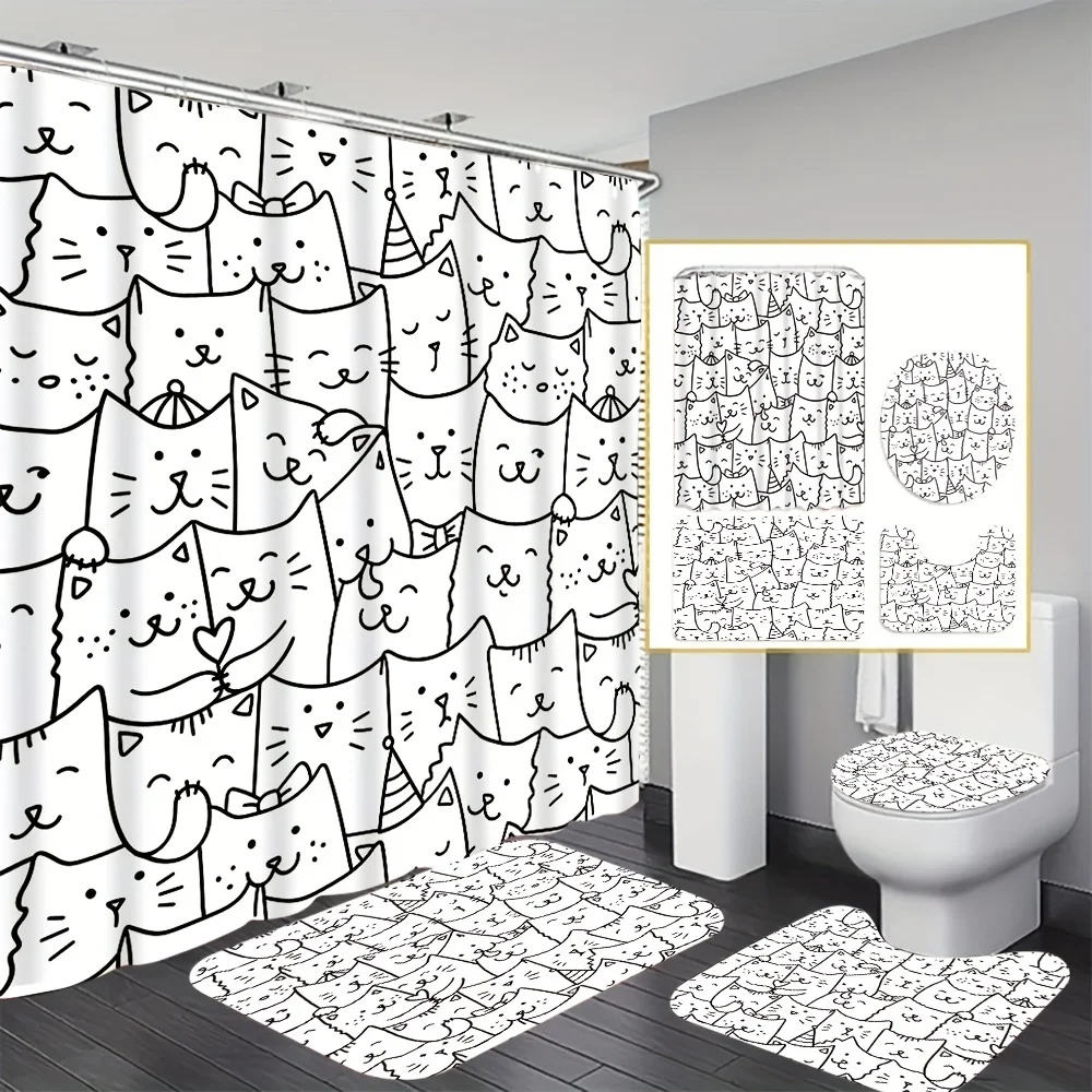 

Cute Cat Pattern Bathroom Set: Waterproof Shower Curtain, Soft Contour Rug, Stylish Toilet Lid Cover, Non-Slip Bathtub Mat