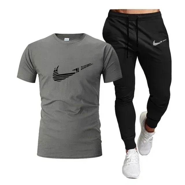 เสื้อยืดผ้าฝ้ายแท้สำหรับผู้ชายเล่นกีฬาฤดูร้อนปี 2025 + กางเกงขายาวบาง ชุด 2 ชิ้น ระบายอากาศและแห้งเร็ว