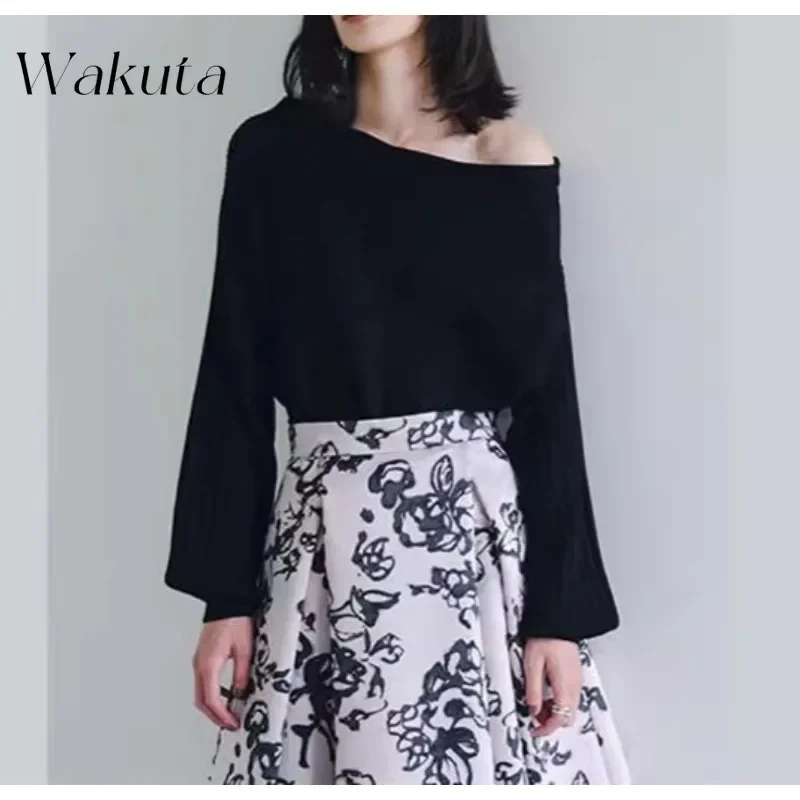 WAKUTA Japanese Elegant Slant Shoulder One-line Collar Long-sleeved Knit Sweaters Fall/Winter Threaded Waist Versatile Pullovers