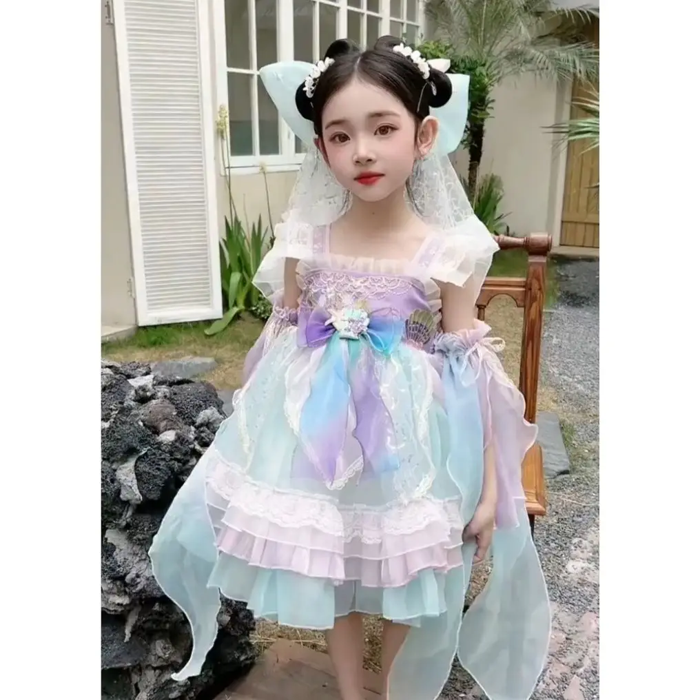 Girl Birthday Tulle Backless Lolita Wedding Ball Gown Party Dress Princess Embroidery Floral Shiny Baby Children Lace Sundress